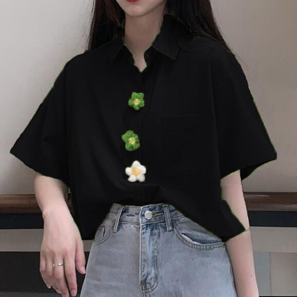 Luźny T-shirt Polo Z Kwiatami