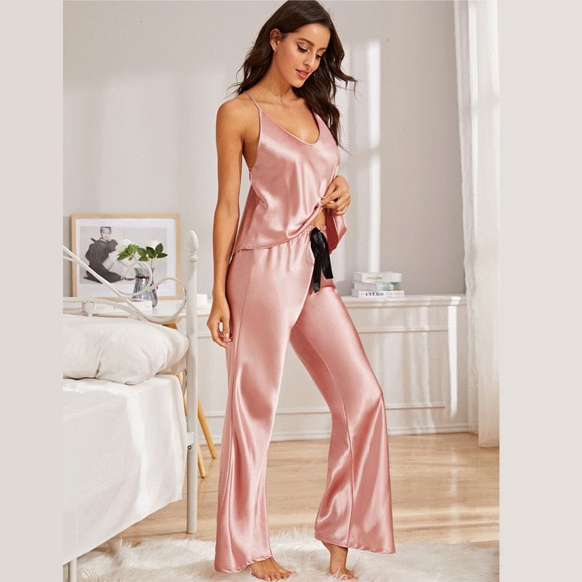 Satynowa Dwuczęściowa Piżama Z Długimi Spodniami