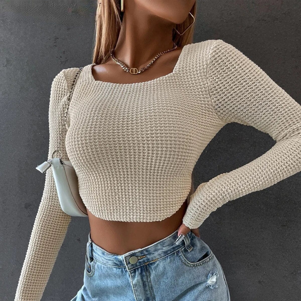 Dzianinowy Crop Top Z Długim Rękawem