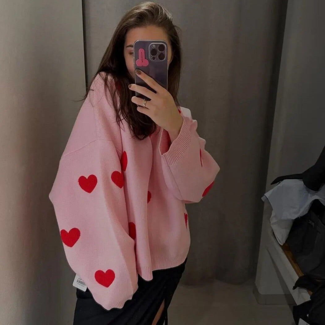 Oversizowy Sweter W Serduszka