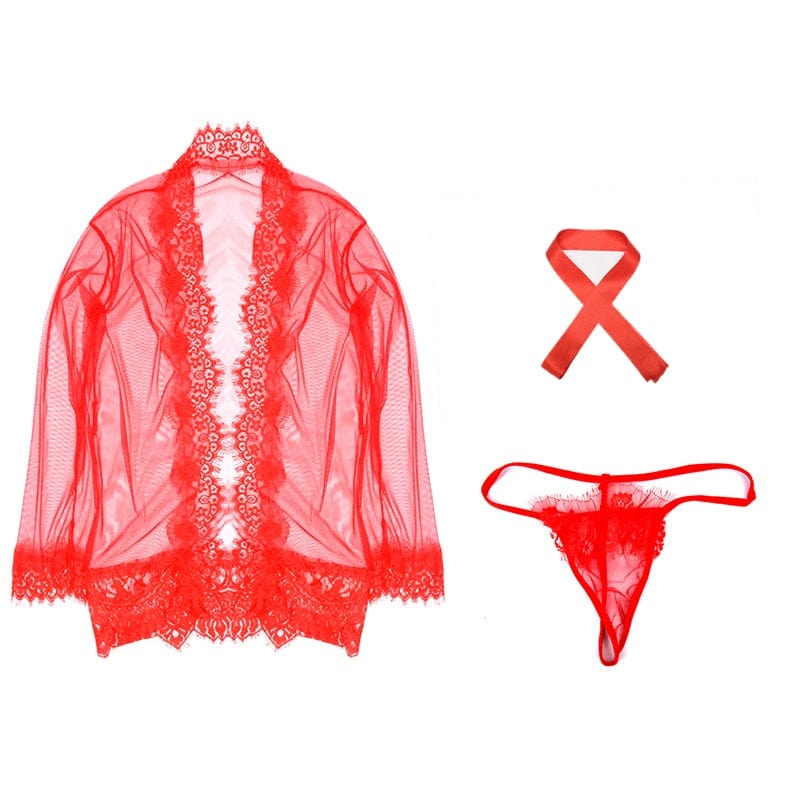 Wiązany Transparentny Peniuar Z Koronkowym Wykończeniem